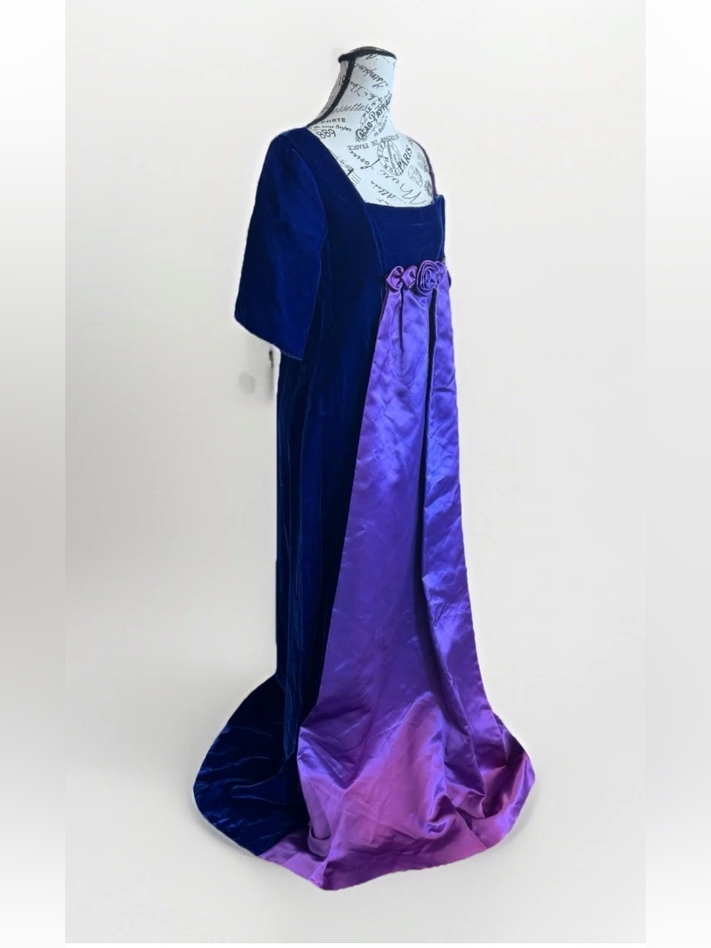Vintage Velvet Satin Bridgerton Gown Dress Floral Empire Waist Romantic Gothic